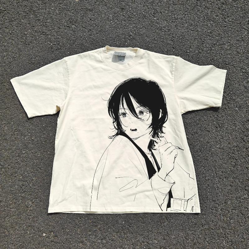 Unisex Japanese Anime Girl Sketch Graphic Sport T-Shirt | Oversized Cotton Manga Aesthetic Streetwear Tee for Men & Women