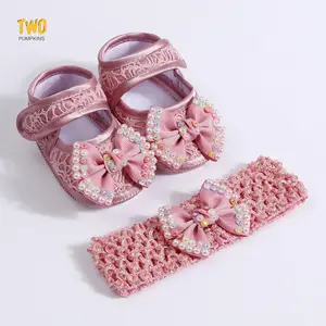 Baby Girls Baptism Shoes and Headband Glitter Bow Mary Jane Flats and Hairband Set