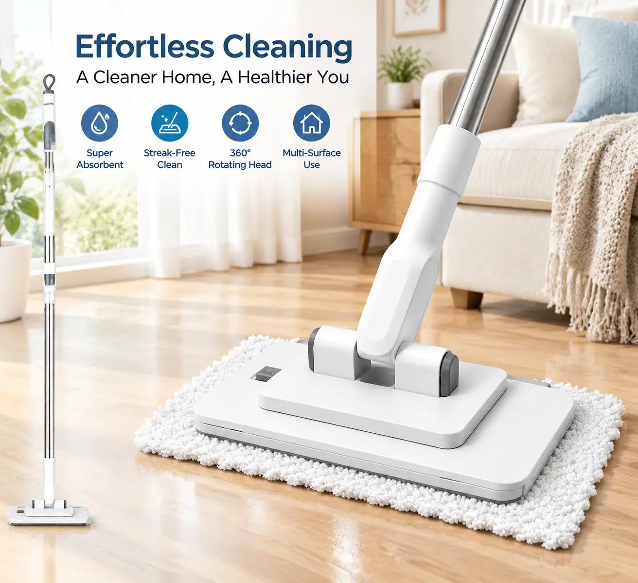 Retractable Flat Mop - Removable, Clamp Design, Hands-Free No Hand-Wash, 1-Click Cloth Swap, Disposable Wet Dry Cleaning Tool for Hardwood, Tile, Baseboards, Removable Mop, Hands Free Mops