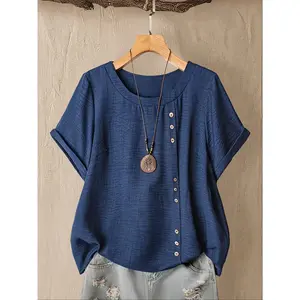 Elegant casual loose women’s shirt, new round-neck short-sleeved top, spring and autumn fashion, solid color pattern