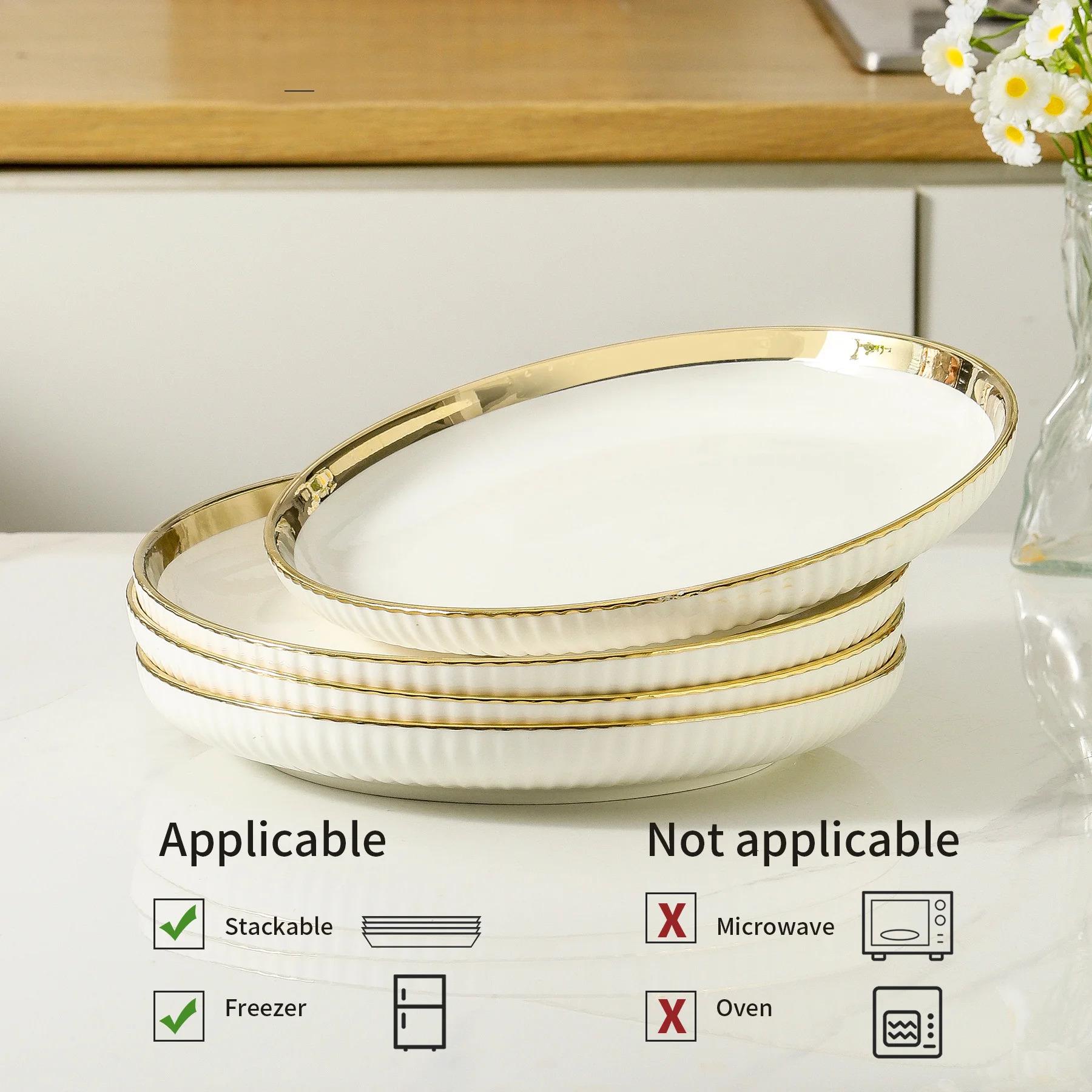 LETAOTAO Wedding Dining Tray Set White Porcelain Plate Dish with Gold Edge Eco-Friendly Ceramic Tray for Table Gold Trim