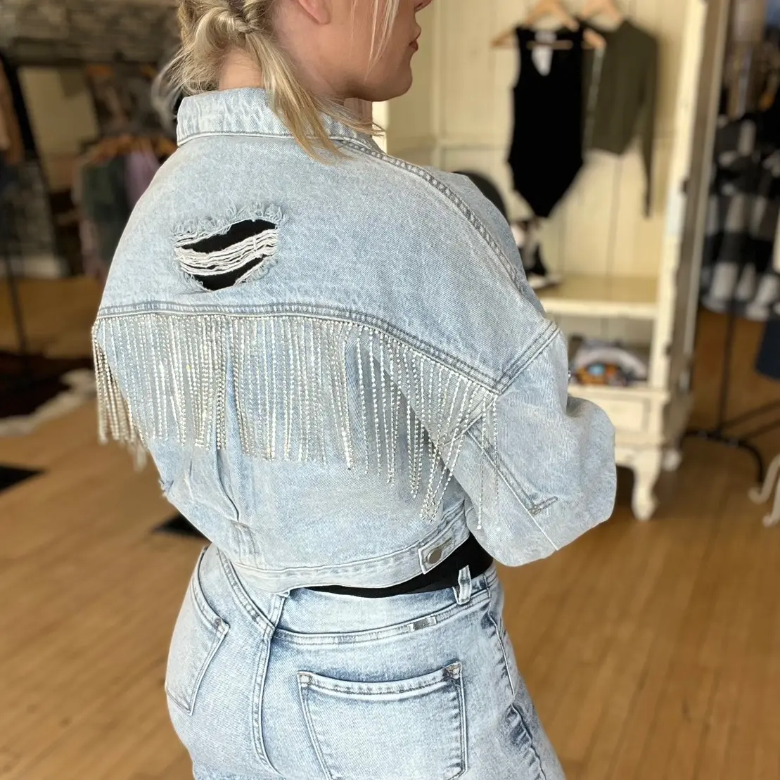 Rhinestone Fringe Denim Jacket