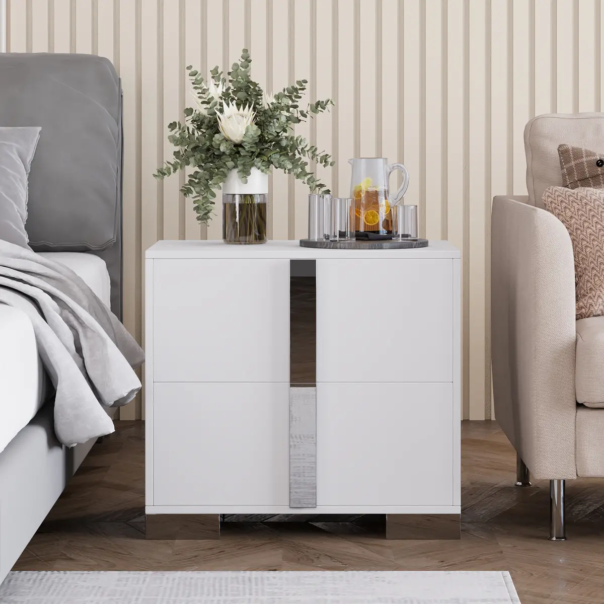[Bellemave] Wood Bedside Table| Elegant Nightstand with Metal Foot & 2 Storage Drawers| Sofa Side End Table for Bedroom Living Room Office