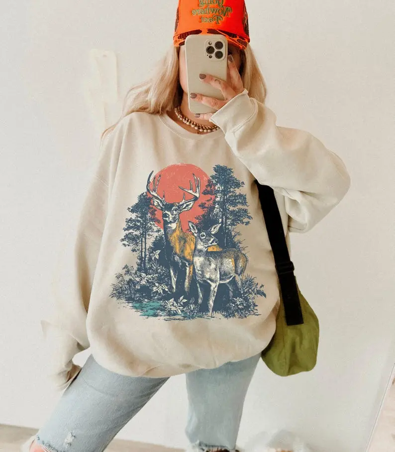 90s Deer Vintage Sweatshirt, Granola Girl Shirt, Wildlife Pullover, Nature Lover Hiking Camping, Forest Gorpcore Clothing Wilderness Sweater
