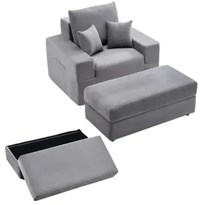 【FathersDayGift】VEVOR Chaise Lounge Chair, 44 in Boneless Modular Chaise Lounge Indoor, Oversized Corduroy Reading Chair with Throw Pillows & Armrests, Deep Seat Sofa Couch Sleeper for Living Room, Bedroom, Grey