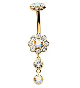 Gold PVD Rainbow Aurora CZ Dangle Flower Belly Button Ring