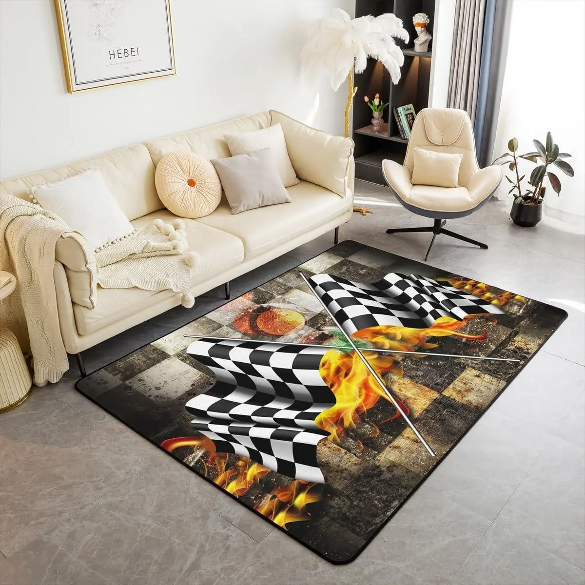 Racing Car Themed Area Rug ,Retro Black White Checkered Flag Decor Non Shedding Rug for Kids Teen Adults,Geometric Print Extreme Sports Decorative Carpet for Playroom Dining Room
