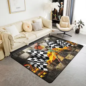 Racing Car Themed Area Rug ,Retro Black White Checkered Flag Decor Non Shedding Rug for Kids Teen Adults,Geometric Print Extreme Sports Decorative Carpet for Playroom Dining Room