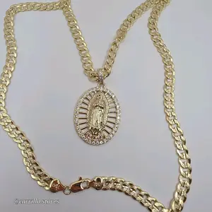 VIRGIN MARY BEAUTIFUL Cuban link style necklace colors stone's new chain style 24"inches Gold Plated Durability