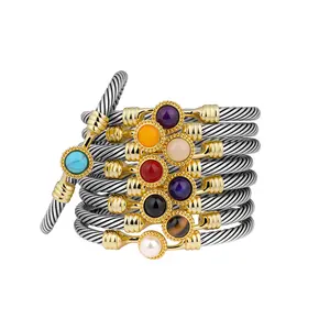 Mytys Birthstone Positive Energy Healing Crystal Cuff Bracelet with Mixed Metal Aesthetic – Natural Gemstone Bracelet Collection for Daily Wear & Birthday Gifting