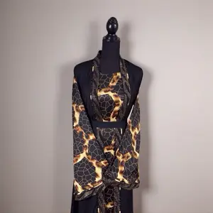 Abaya Outfit 3 Pieces Set - Black & Leopard Print Kimono Style with Belted Waist and Long Sleeves for Elegant Everyday Wear