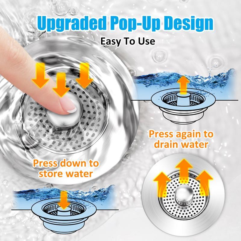 Multi-Functional Stainless Steel Sink Drain Strainer, 3-in-1 Pop-Up Basket and Stopper Combo, Anti-Clogging and Deodorizing, Compatible with US Standard 3-1/2 Inch Drain Pipes for Kitchen Use