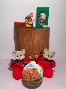 Vintage Christmas Ornament Lot – 5 Pieces – Hallmark Mice, Hand-Painted Egg, Wooden Bear & Southwestern Pottery Ball