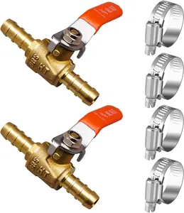 3/8 inch brass mini shut off ball barb valve for water fuel hose gas line rv air tubing, straight inlet manifold petcock 3/8 fuel shut off valve (2pcs with clamps kit)