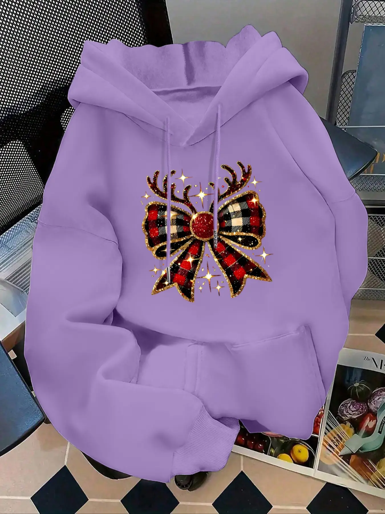 Women's Fashion Hoodie with Butterfly Knot Deer Horn Pattern, Star Print Kangaroo Pocket, Long Sleeve Casual Fall & Winter Sweatshirt