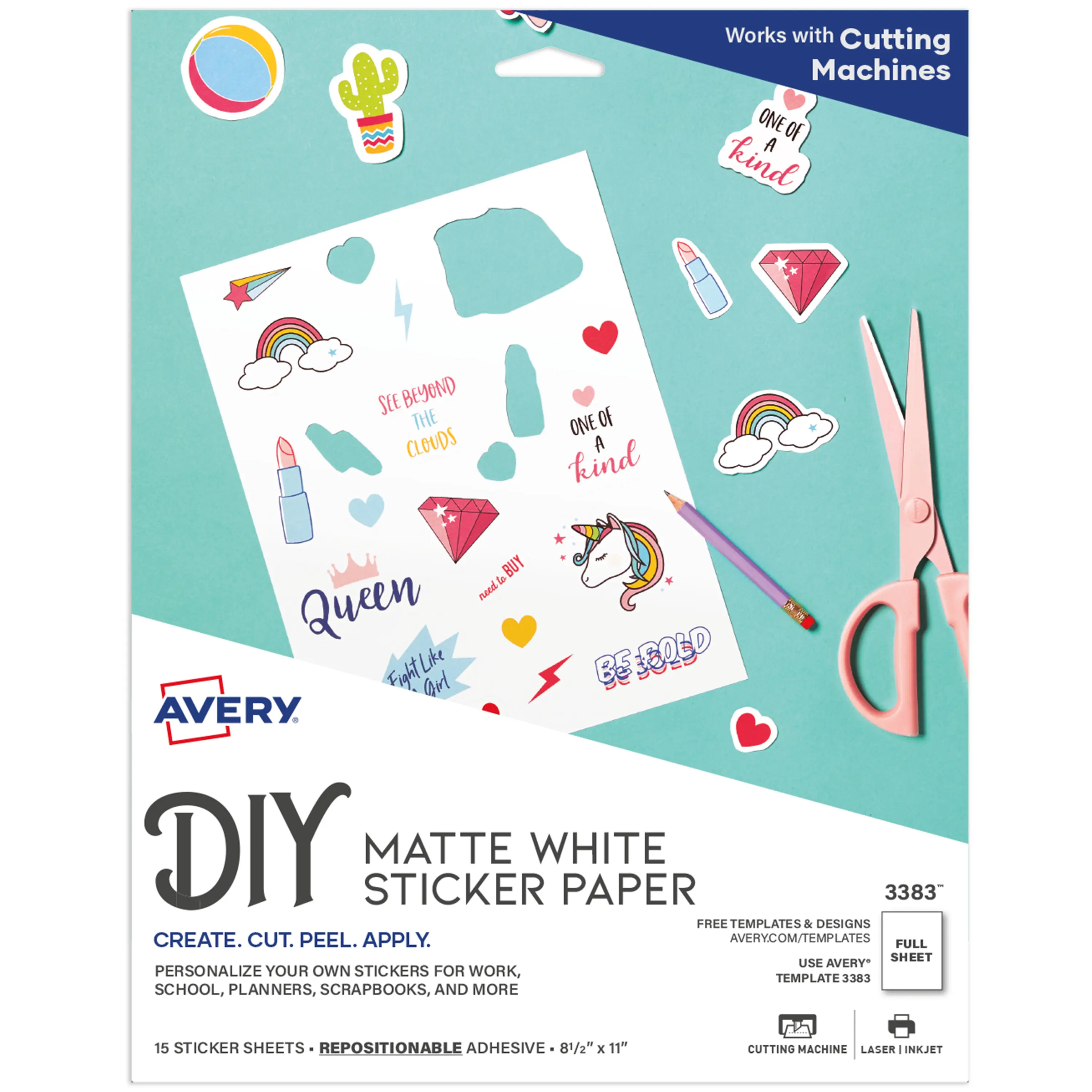 Avery Printable Sticker Paper, 8.5" x 11", Matte White, Repositionable Adhesive, Laser & Inkjet Compatible, 15 Full-Size Label Sheets (3383)