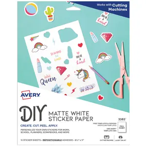 Avery Printable Sticker Paper, 8.5" x 11", Matte White, Repositionable Adhesive, Laser & Inkjet Compatible, 15 Full-Size Label Sheets (3383)