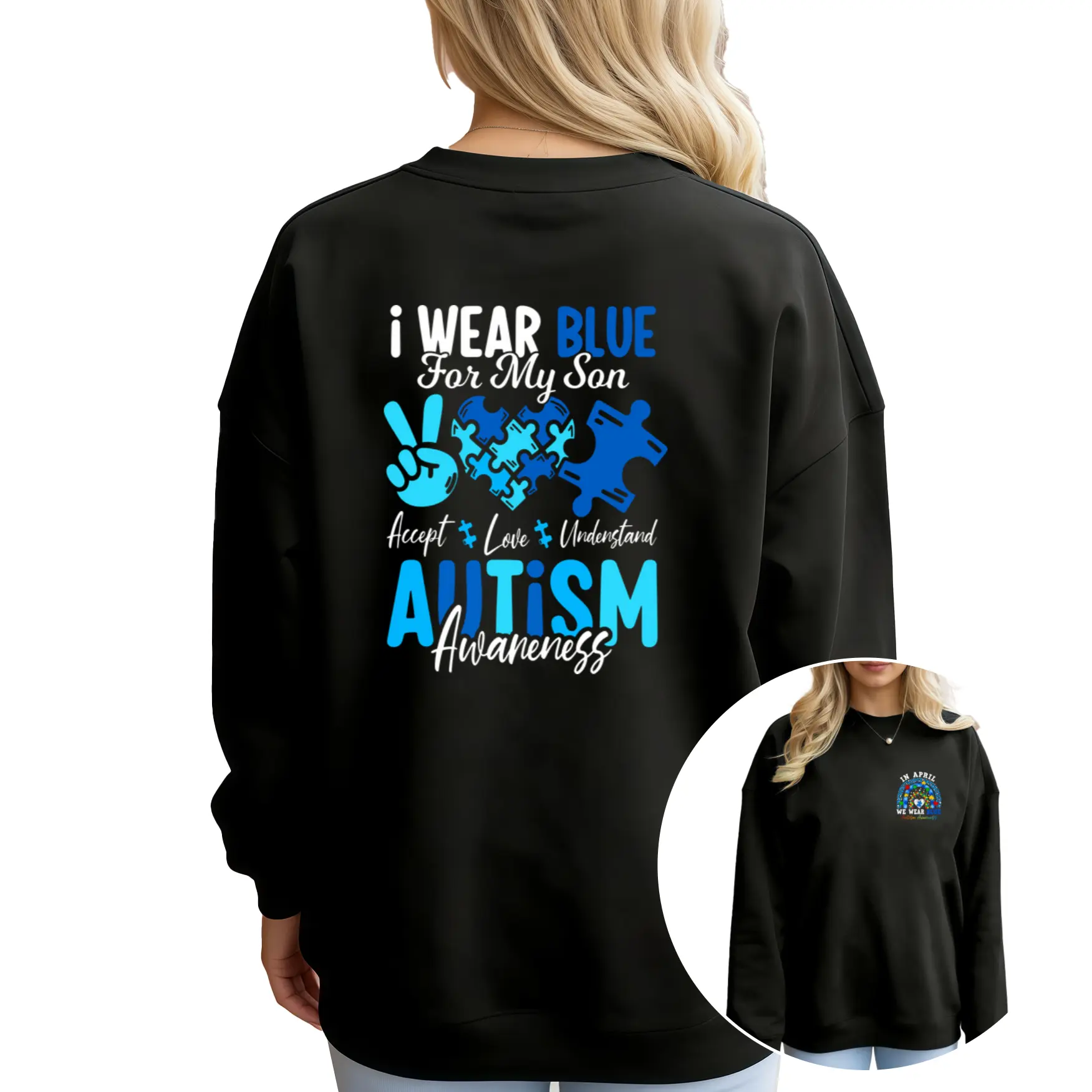 Autism Awareness Long Sleeve Sweatshirt – 100% In April We Wear Blue Rainbow, Women's Streetwear Top, Proud Mom & Dad Support for Autism Fabrics Hoodie