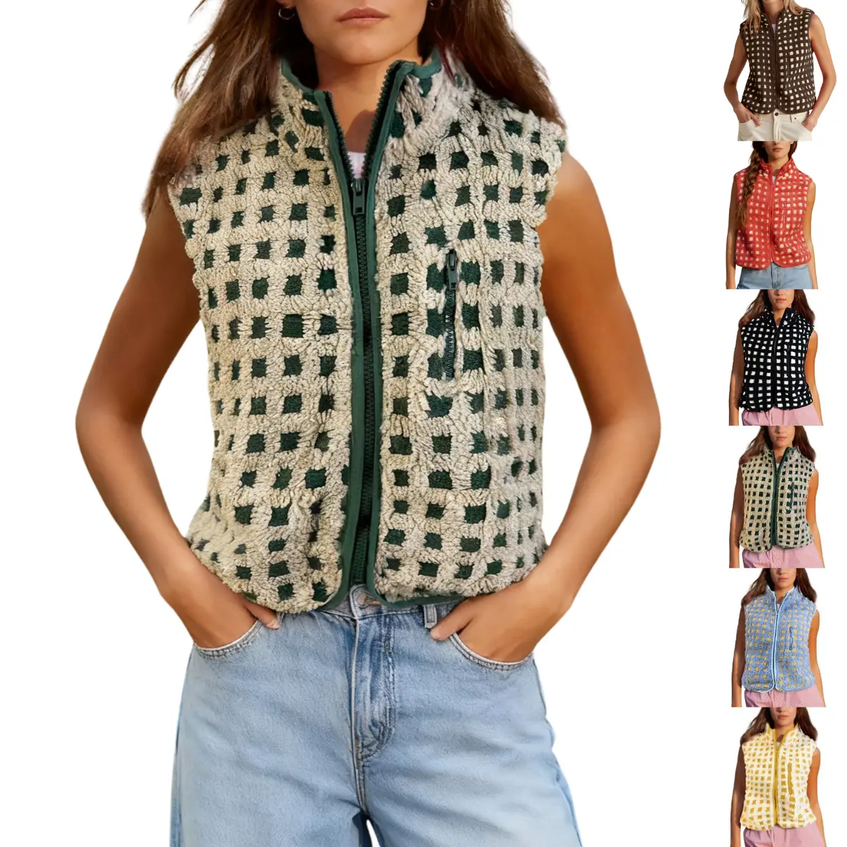 JovenPara Women's Casual Checkered Sherpa Vest - Lady's Lightweight Zip-Up Sleeveless Crochet Plaid Gilet with Pocket