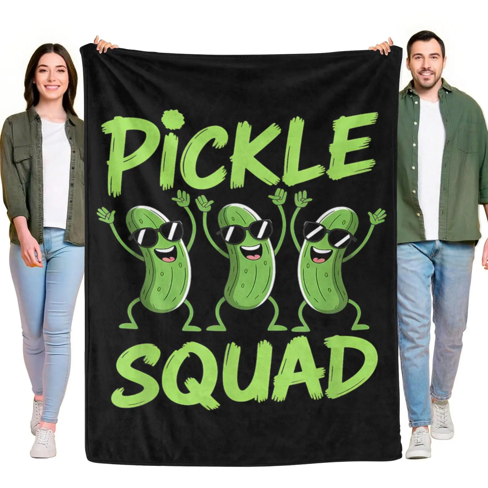 Pickle Squad Three Cartoon Cucumber Characters With Sunglasses Throw Blanket, Cute Green Pickle Crew Cozy Warm Fleece Blanket For Pickle Fans Home Decor