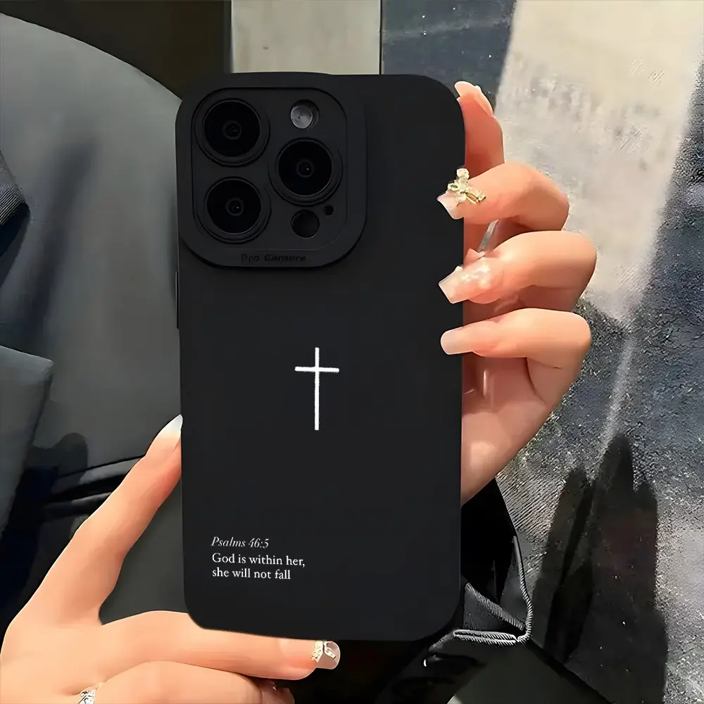 Christian Religious Psalm 46:5 Cross Plastic Smartphone Casing - Black Aesthetic Protective Cover for iPhone 12-16 Pro Max, XR, Plus Handheld Cellphone Devices, Unisex Christian Gift for Birthdays, Christmas, Multi-Model