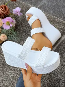 Summer holiday style double-strap woven wedge sandals for women, black and white, waterproof platform, thick-soled height-increasing sandals, suitable for beach parties, vacations, and weddings