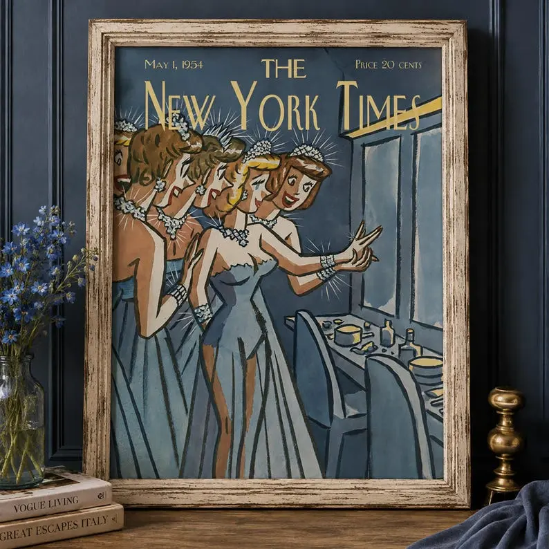 Vintage Glamour Wall Art, Navy Blue Retro Fashion Print, Mid Century Women Poster, Feminine Vanity Decor, 1950s Fashion [Unframed]