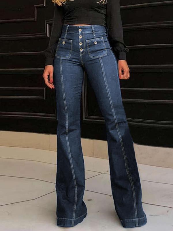 Women's Plain Flare Leg Jeans with Button & Pockets , Casual Bell Bottom Trousers for Daily Wear, Ladies Bottoms for All Seasons