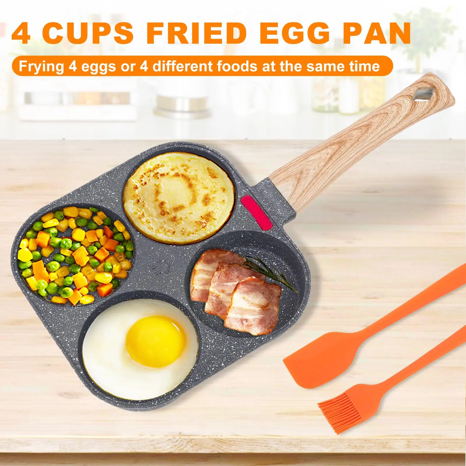 Portable 4-Hole Divided Frying Pan, Nonstick Granite Surface with Glass Cover, Space Saving Cookware for Apartments, Camping and RV Travel