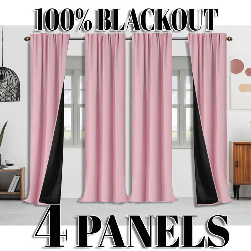 4 Counts 100% Blackout Thermal-Insulated Rod-Pocket Curtains, All-Season Laminated Panels for Bedroom, Living Room or Balcony Windows, Polyester Privacy Curtain
