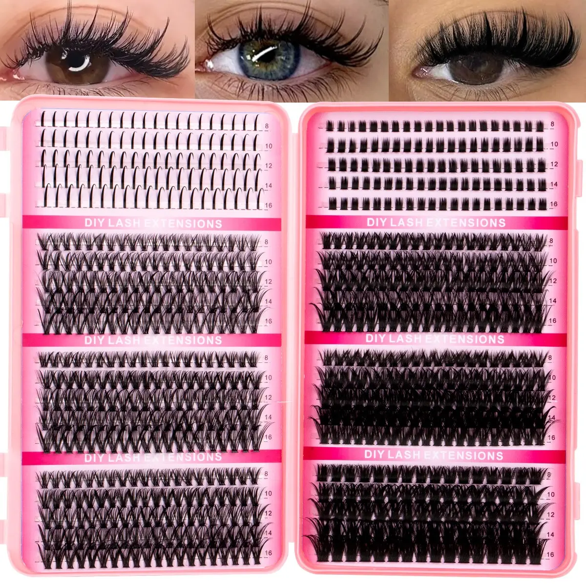 DIY Volume Fluffy Lash Cluster Kit, Dense Spike Eyelash Extensions with D-Curl, Mixed Top and Bottom Clusters, Bond & Seal & Remover and Tweezers, Individual DIY Eyelashes at Home
