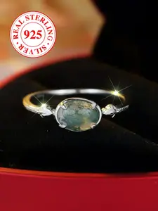 S925 Pure Silver Oval Water Grass Agate Edge Guitar Pattern Ring, Simple Elegance Ring with Box, Stylish Jewelry for Women, Fashion Engagement Rings, Elegant Everyday Ring, Gift Jewelry, Jewelry Gifts