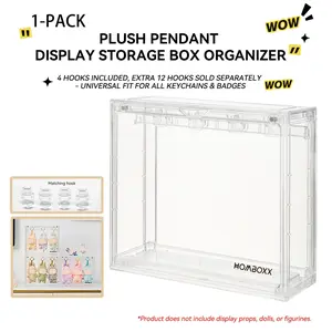 Plush Hanging Display Storage Box Set with 4 Transparent Hooks, Dustproof Moisture-Proof, Stackable, Space Saving Organizer, Dustproof Organizer Boxes, Suitable for Pop Mart Collectibles, Keychain Display, Durable Storage