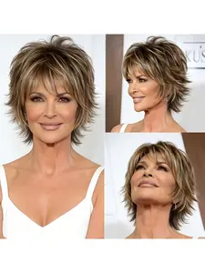 Short Straight Natural Looking Wig with Bangs, Natural /gold Highlight, Easy to Style, Perfect for Daily Wear and Parties, Women's Hairpiece, Synthetic Hair Wigs