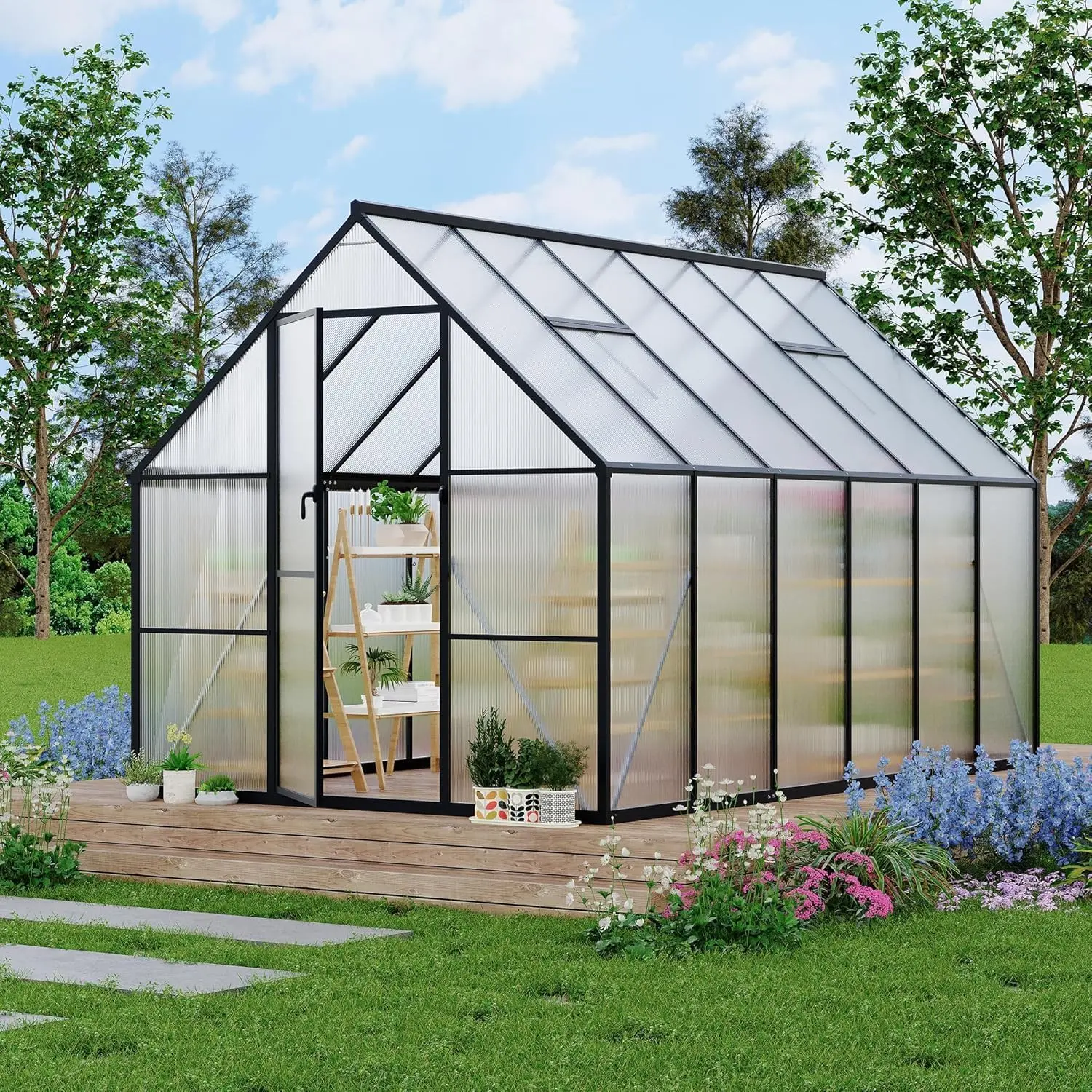 Garvee 8x10 FT Heavy-Duty Aluminium Frame Polycarbonate Greenhouse Kit - Backyard Gardening Use, Customizable Roof Vent, UV Protection, 35% Greater Stability, 40% Faster Assembly, Black, Assembly Required