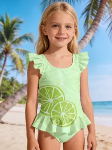 Summer Collection Girls' One-Piece Swimsuit Sun-protective Quick-Dry Swimming Suit Lime Slices Print On Green Swimwear Beach Vacation Hot Spring Swimsuit Quick-drying, Lightweight, Breathable, Skin-friendly, Versatile