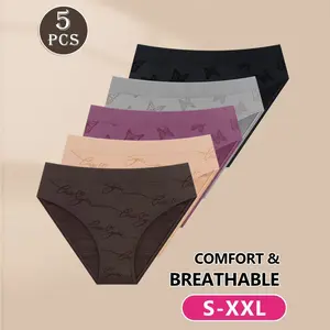 Women's 5Pcs Lady Briefs - Breathable Comfort Seamless Panties with Butterfly Letter Print, High Elasticity No VPL, Smooth Stretchy Check Cotton Fabric, High Waist Thong, Activewear Sportswear Athletic Everyday Wear (Assorted Colors, S-XXL)
