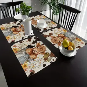 1pc/4pcs/6pcs Cute Cow Print Placemats, 100% Linen Square Placemats, Hand Wash, Farmhouse Highland Cow Restaurant Decor, Floral Kitchen Table Decor
