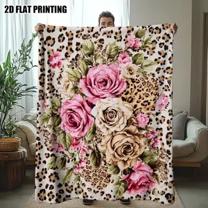 1 Piece Warm Wild Rose Leopard Print Flannel Blanket - Soft Polyester, Comfortable for All Seasons, Suitable for Bed, Sofa, Floor, and Office - Modern Style with Vibrant Pink and Beige Roses, Leopard Print Design, Cozy Home Decor, Bed Blanket