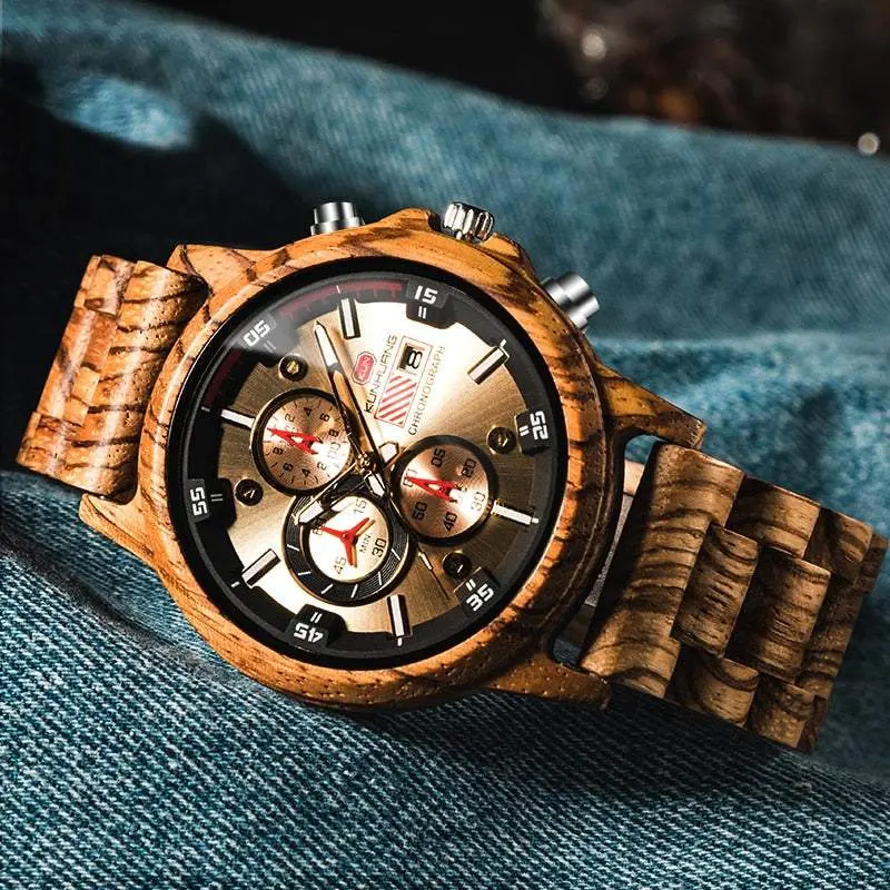 2020  Wooden Watch Men Multi-function Sports Wood Wristwatches Male Clock  Date Display Casual Men's Luxury Wood Chronograph