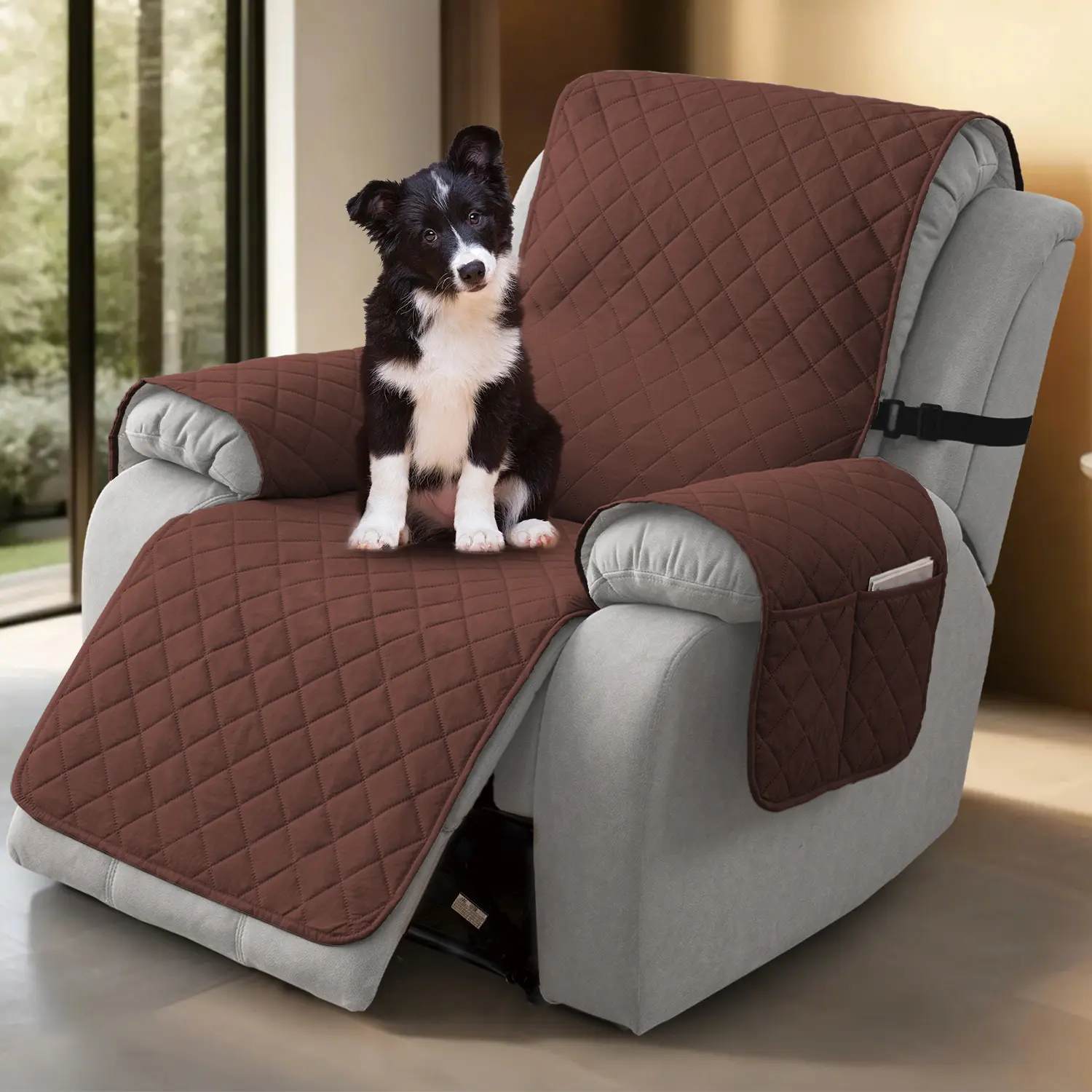 Waterproof Single Seat Cover with Elastic Strap, Non-slip & Washable Chair Cover with Pockets for Pet Furniture Protection