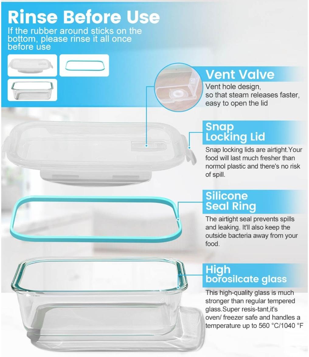 Stackable Glass Food Storage Containers 18-Piece with Black & Blue Airtight Lids 6 Assorted Sizes Leakproof BPA-Free Ideal for Kitchen Pantry and Lunch Box Use