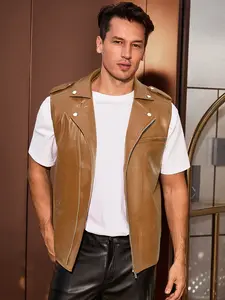 INSPIRE CHIC Brown Faux Leather Vest for Men's Motorcycle Biker Sleeveless Jacket Zipper Riding PU Vest