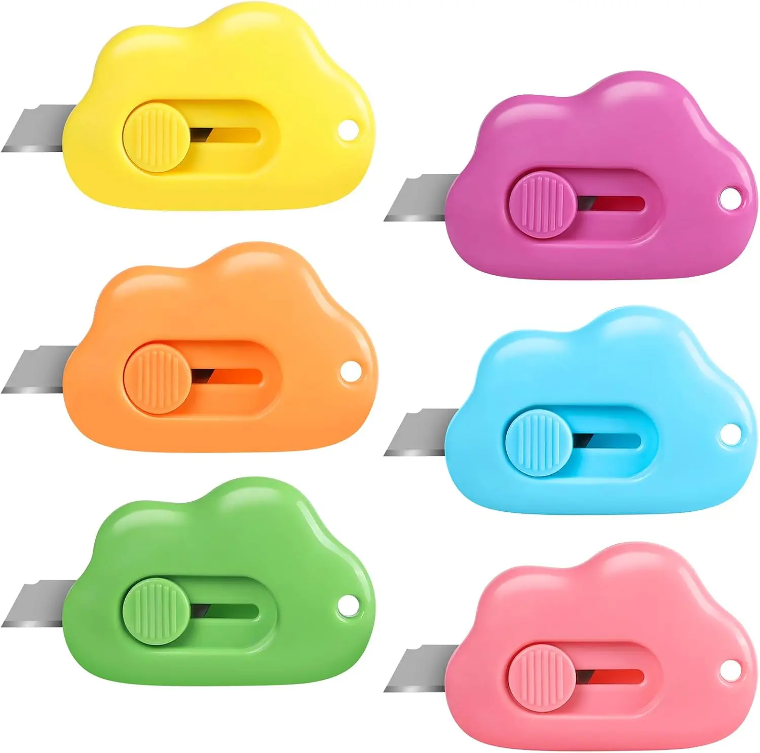 Cloud Box Cutter Retractable, 6Pcs Mini Utility Knife Letter Opener Envelope Slitter, Small Package Opener Paper Cutters with Keychain Hole for Office Home School Stationery DIY Crafts Rainbow Color