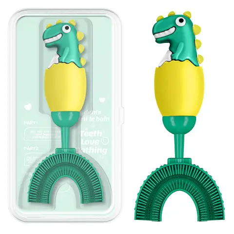 ZMRZ Kids' Dinosaur Manual U-Shaped Toothbrush for 2-7 Ages, Food-Safe Silicone Rubber, Soft Gum-Safe 360° All Clean Brush, Toddler Training, Travel-Friendly, 50g (Yellow, 3-Way Design, ABS Plastic)