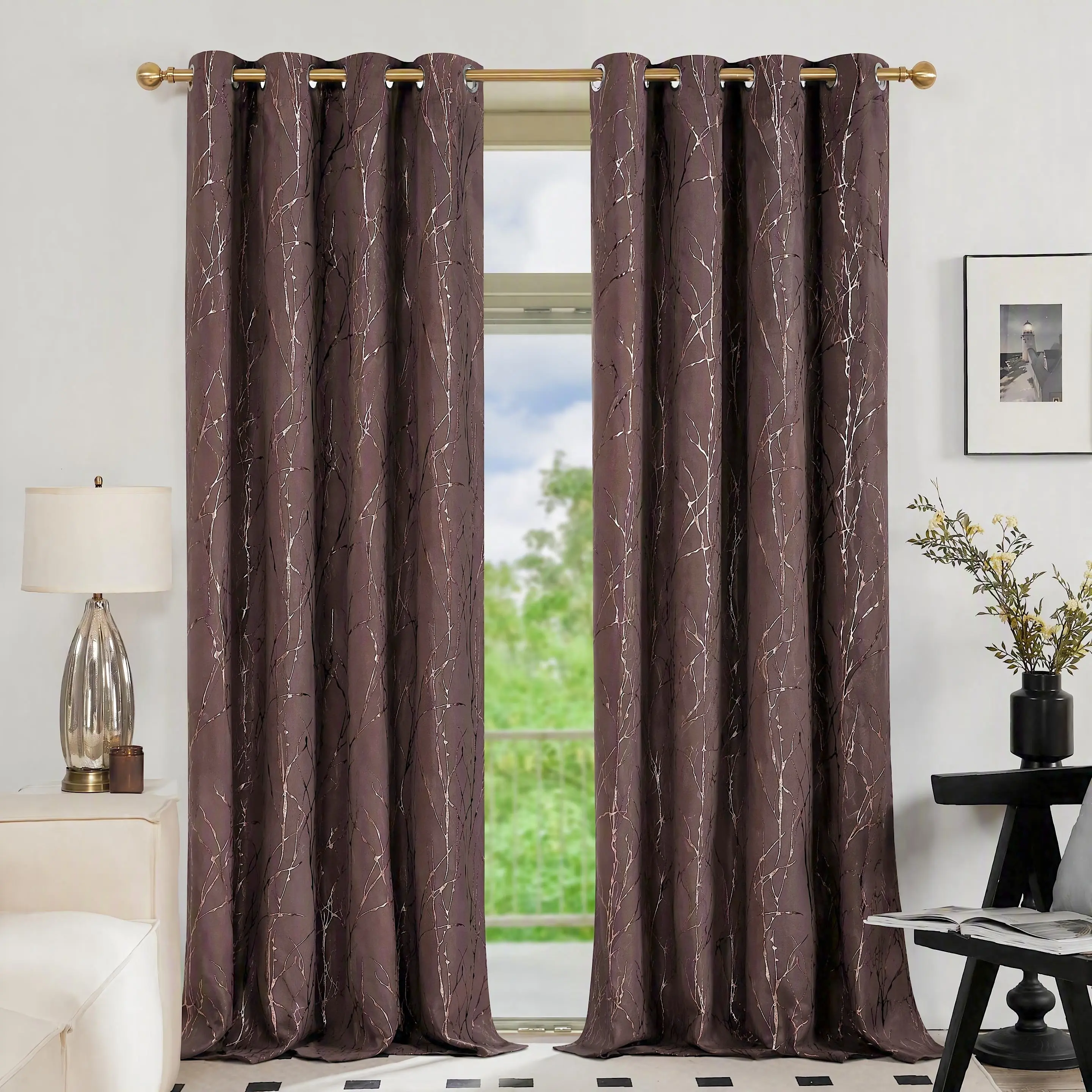 2 Pcs Grommet Curtains, Glue Printed Tree Branch Blackout Thermal Window Treatments for Living Room, Bedroom QF900 Heavy Curtain Room Decor Curtain
