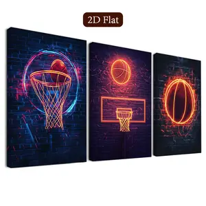 3 Piece Framed Basketball Wall Art Set, Neon Canvas Sports Decor, Modern Poster Prints, Classroom & Home Decoration, Living Room, Bedroom, Office