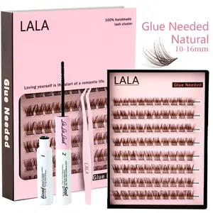 【Glue Needed】【Brown Color】LALA DIY Lash Extension, Natural Style, Easy Apply, Pestañas,Lash Clusters D Curl Individual Lashes,Lash Clusters Kit Thick Eyelash Extension Kit, Thin Band Cluster Lashes, 10-14mm Eyelash Extension Kit