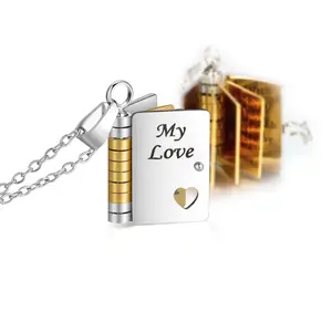 Romantic Flip Book Necklace Openable 6 Pages Stainless Steel Engraved Love Book Pendant Gift for Mom Wife Girlfriend Couple Valentines Birthday Jewelry