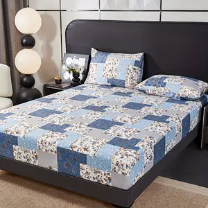 3pcs Fashion Style Classic Plaid Print, Floral Print Fitted Sheet Set (1 Fitted Sheet + 2 Pillowcases), Pattern Stitching, Brushed And Washed Craft, Soft And Comfortable, Non-Fading, Non-Shrinking